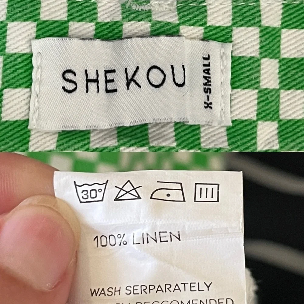 Shekou Women Size XS Linen Green Checkered Straight Leg High Waisted Trousers